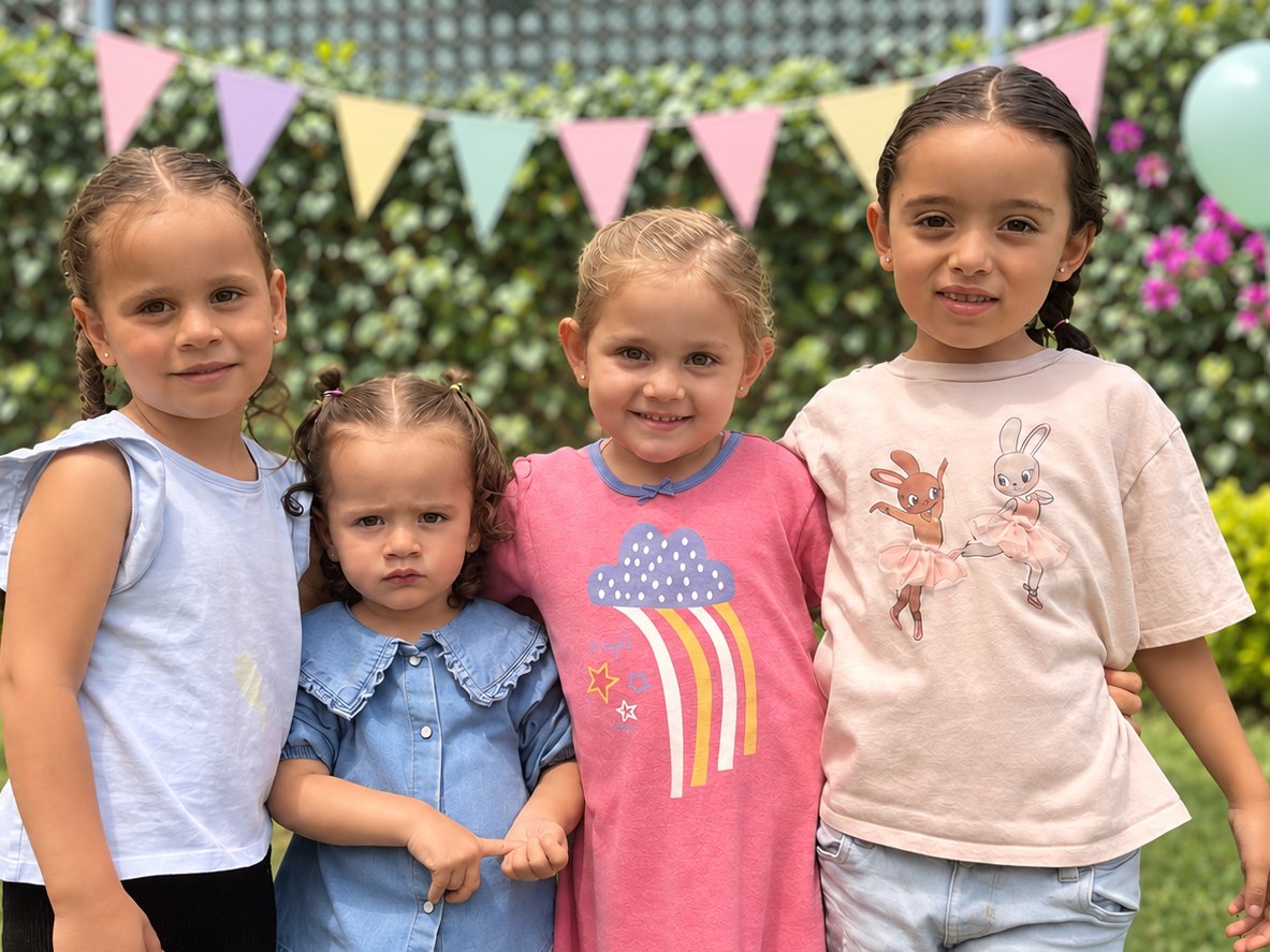 Cuatro niñas abrazadas en una fiesta de Piruli con globos y banderines